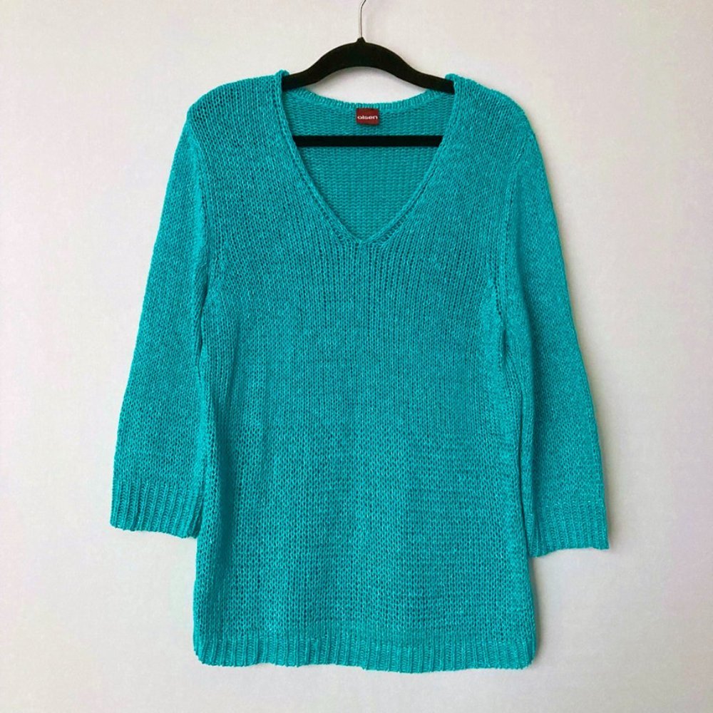OLSEN Europe Turquoise Blue Crochet V-neck Top - Picture 5 of 5